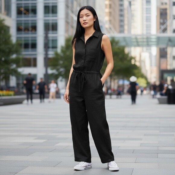 Universal Thread Womens Sleeveless Black Button-Down Jumpsuit With Pockets - Picture 2 of 12